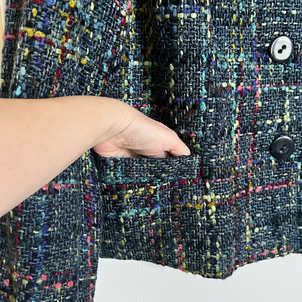 Navy Blue, Multi-Plaid Textured Tweed Retro Blazer/Jacket w/ portrait collar. - Picture 6 of 13